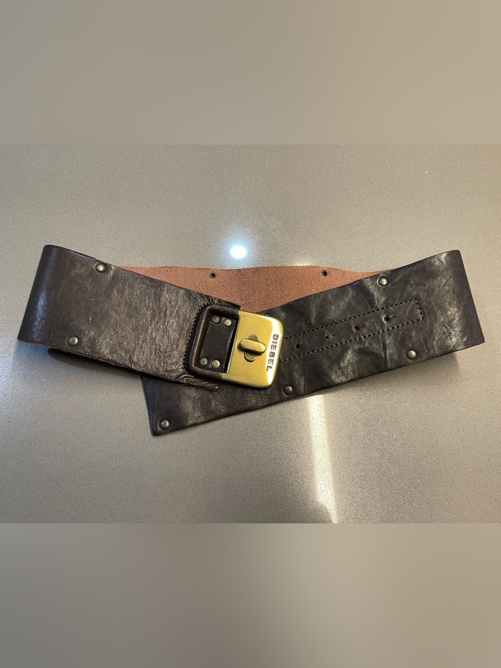 Diesel Dark Brown Leather Waist Belt with Brass Buckle Size 70
